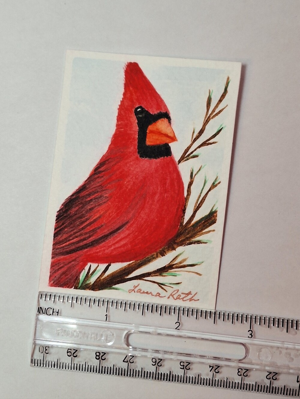 "Cardinal Portrait" Hand-painted gouache painting (Tiny original artwork!) - Picture 8 of 9